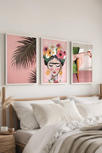 Postifull Set de pictură cu cadru alb, pictură murală roz maximalist, set de 3 postere, nr:300782