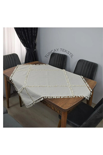 TUNCAY TEKSTİL Ponpon Saçaklı Püsküllü Monika Kumaş Masa Örtüsü Keten Buldan İşi Örtü