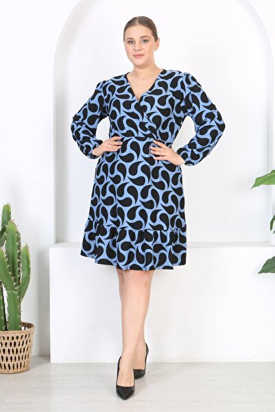 Mooi XXL Kadın Mavi Siyah Damla Desen Kruvaze Yaka Balon Kol Büyük Beden Esnek Elbise