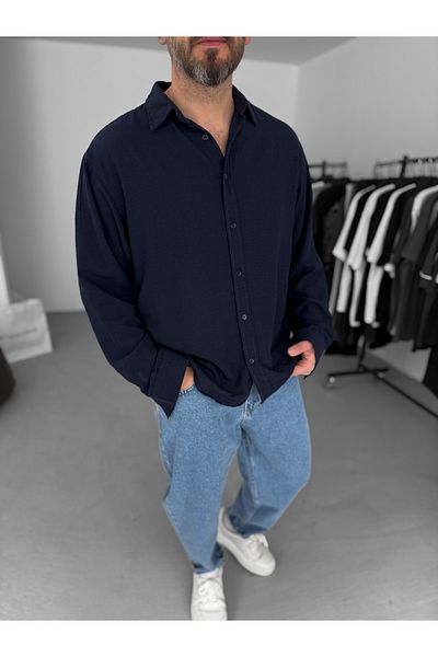 BYBASICMAN Navy Blue Crinkle Fabric Shirt Res-5169