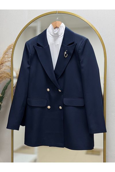 Ebrar Store Merve Collar Bronchus Metal Button Bell Jacket-Ün2028 Navy Blue