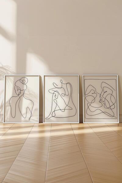 Postifull Set de pictură cu cadru alb, pictură de perete cu figură feminină desenată manual, set de 3 posteri, nr.:300776
