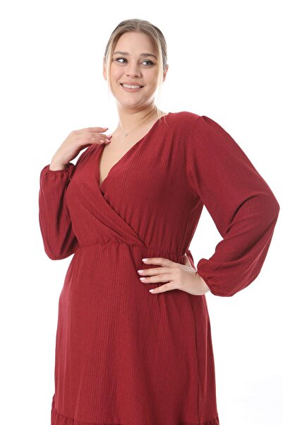 Mooi XXL Women's Burgundy Double Breasted Balloon Sleeve Plus Size Wrap Dress