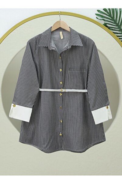 Modamorfo Смугаста сорочка з поясом і ґудзиками - чорна