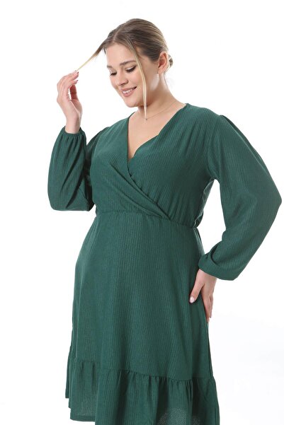 Mooi XXL Γυναικείο Σμαραγδένιο Πράσινο Διπλό Φόρεμα με Μπαλόνι Μανίκι Plus Size