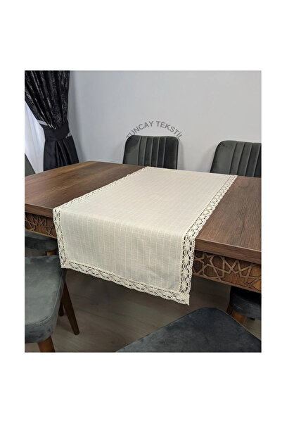 TUNCAY TEKSTİL Kopenaki Dantelli Runner - Ranır Pamuklu Keten Buldan Işi Şömen Table Dikdörtgen Masa Üstü Örtü