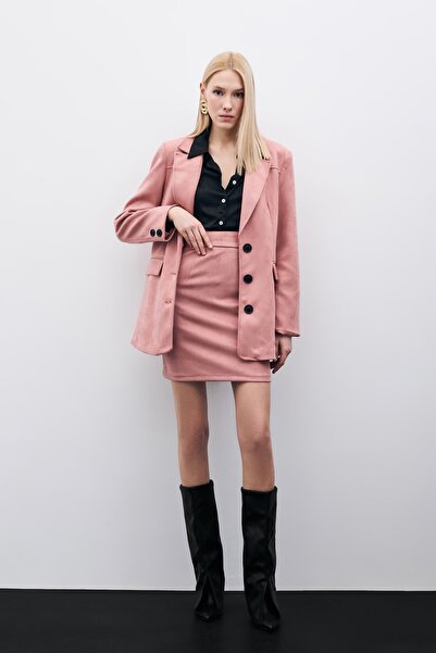 Sateen Kısa Süet Etek - Pudra