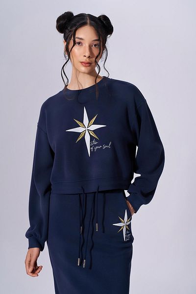 Naar Women's Cotton Printed Long Sleeve Casual Navy Blue Sweatshirt Naar91305-Dark Blue