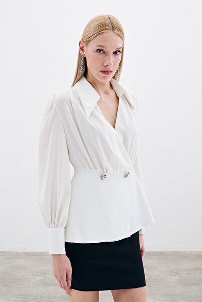Sateen Gömlek Yakalı Bluz - Ekru
