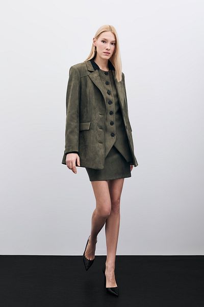 Sateen Buttoned Suede Jacket - Khaki