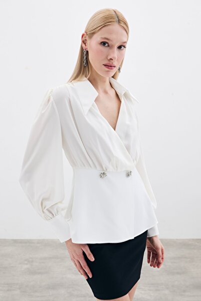 Sateen Gömlek Yakalı Bluz - Ekru