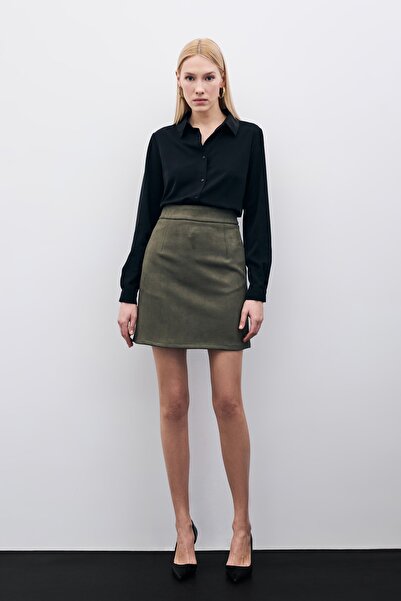 Sateen Kısa Süet Etek - Haki