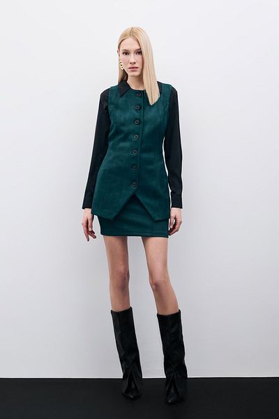 Sateen Buttoned Long Suede Vest - Emerald