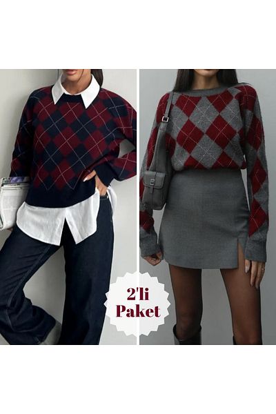 Souls Fruit Women's Standard Size Diamond Patterned Crew Neck Burgundy Navy Blue & Burgundy Gray Knitwear Sweater-Pack of 2