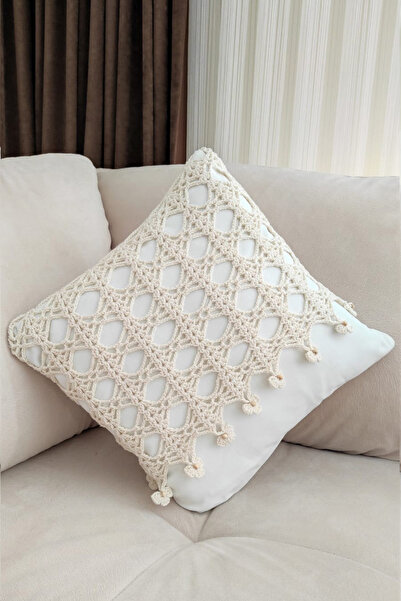 nftart.design Beyaz Kumaş Kılıf Ile Örgü Geçmeli, Fermuarlı , El Yapımı Dekor...