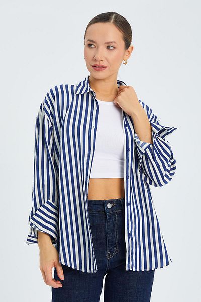 Mixray 4611 Women's Epaulette Detailed Striped Shirt Navy Blue