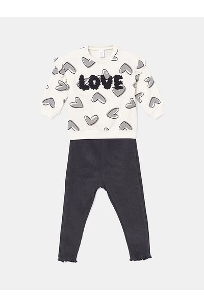 LC Waikiki Lcw Crew Neck Printed Baby Girl Sweatshirt and Leggings 2-Piece Fast Fashion