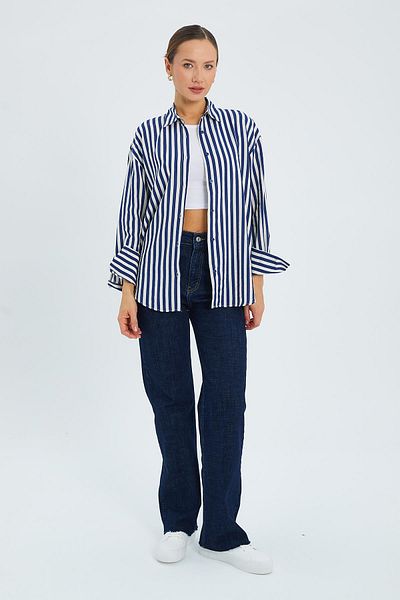 Mixray 4611 Women's Epaulette Detailed Striped Shirt Navy Blue
