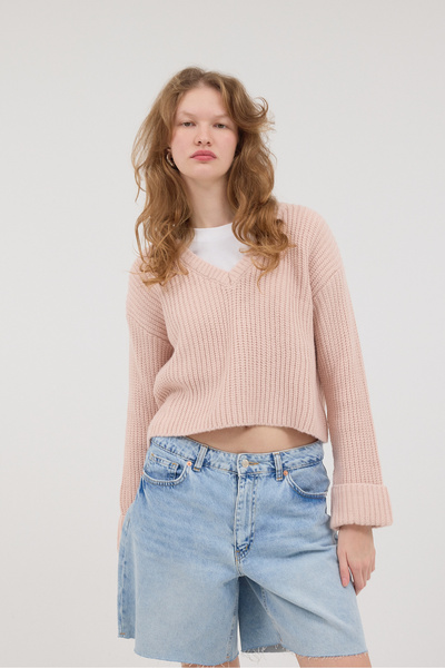 Addax V-Neck Fold Sleeve Knitwear Sweater K3389-Asn75