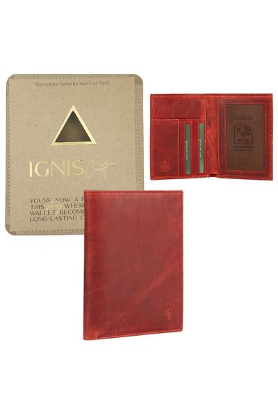 Ignis Craft Red Genuine Leather Rfid Passport Wallet - Minimalist Voyager Carnelian