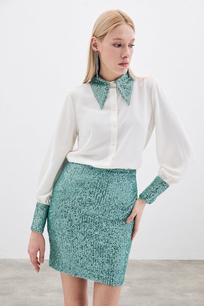 Sateen Payetli Mini Etek - Mint