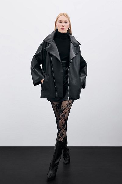 Sateen Black Oversize Leather Jacket