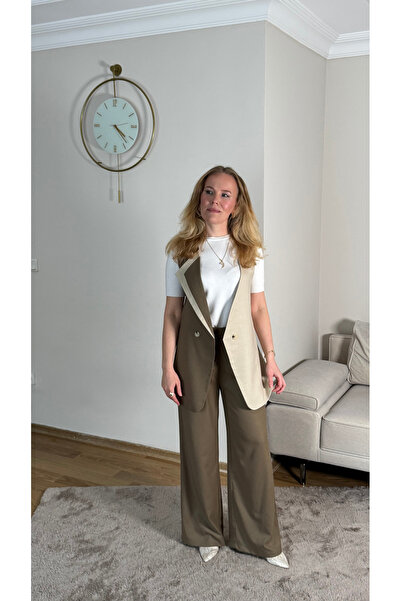 Byelmira Women's Double Color Office Vest Khaki Cream