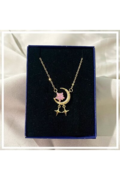 MODA Gift Pink Stone Moon Star Tarnish Stainless Steel Necklace