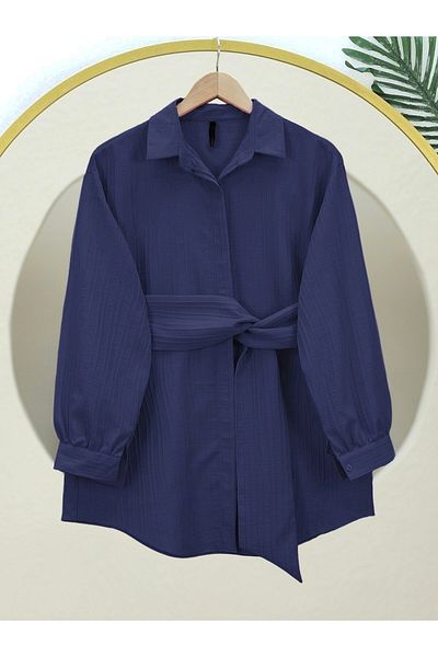 Modamorfo Waist Tied Fitted Crinkle Shirt - Navy