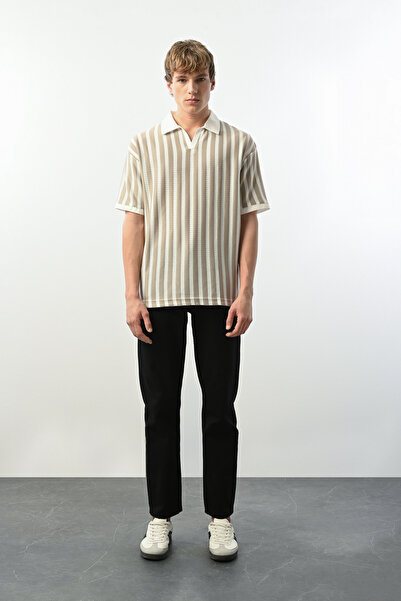 İLKCET MODA V Yaka Çizgili Erkek Oversize T-shirt