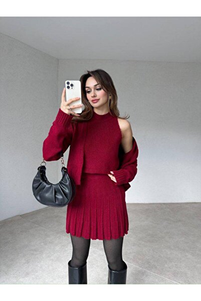 Lusin Claret Red Knitwear Cardigan, Blouse and Vest - 3-Piece Women's Set S/M