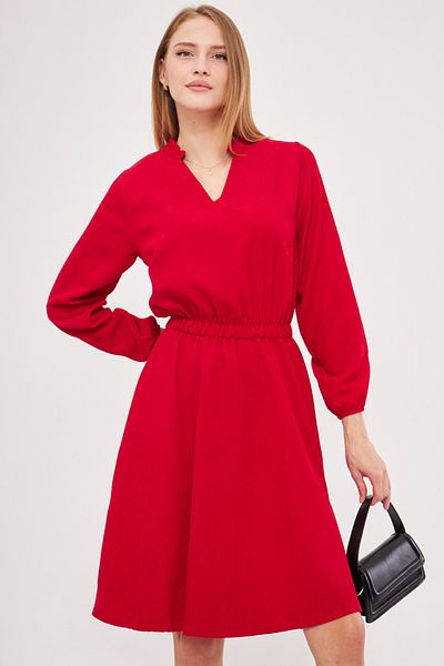 armonika Red Velvet - V-Neck and Elastic Waist Flared Dress Arm-25K 001049