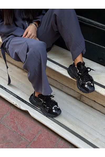NİŞANTAŞI SHOES Pantofi sport de damă cu talpă groasă cu dantelă neagră mată Oslo