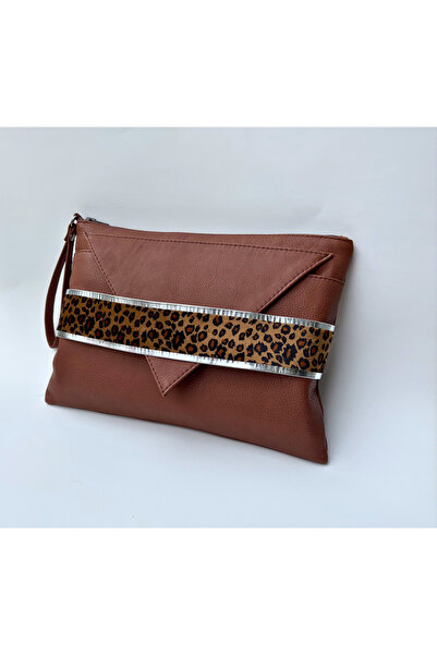 Atelier Nui Brown Leopard Clutch / Kahverengi Deriden Leopar Desenli Şeritli ...