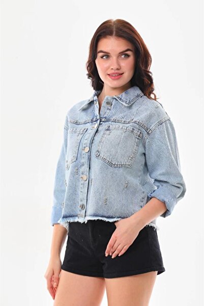 ALPERBUTİK MAVİ FULL TAŞLI SU YOLU JEAN CEKET