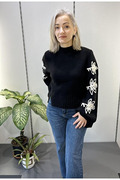 Markamoni 3024 Kadın Siyah Ispanyol Kol Desenli Yuvarlak Yaka Kazakyuvarlak