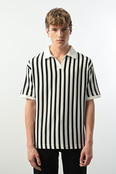 İLKCET MODA Ανδρικό μπλουζάκι Oversize με ριγέ V λαιμόκοψη