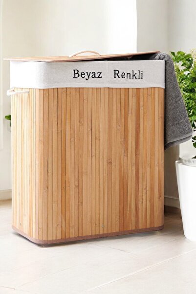 Mirilliahome Bambu Çamaşır Sepeti - Kapaklı ve Bölmeli Kirli Sepeti 2 Gözlü