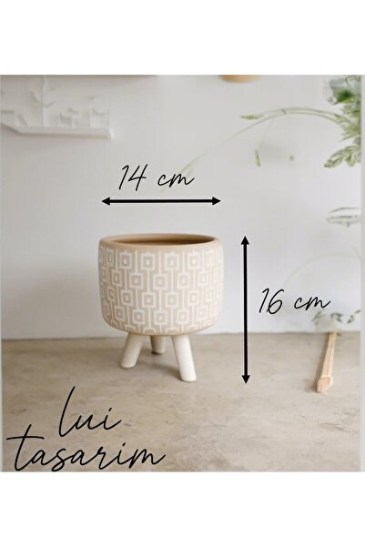 Lui Tasarım Saksı Bohem Tarz Bej Rengi Ahşap Ayaklı Beton Saksı 14*16 cm
