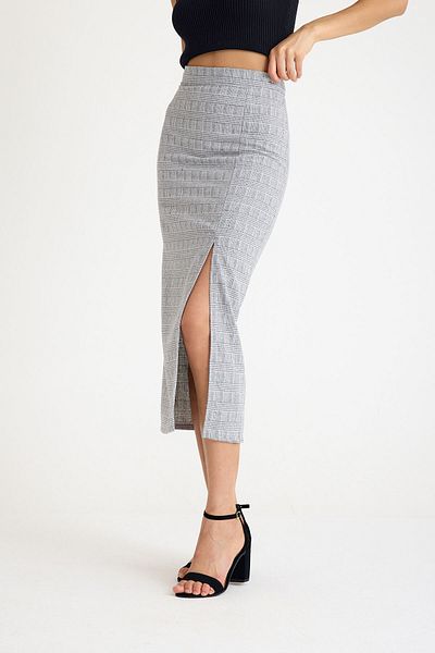 Thestiluxe Gray Organic Linen Fabric Plaid Soft Textured Skirt with Slit Detail