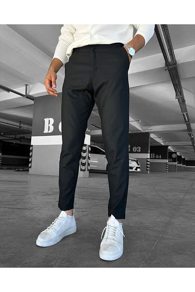 NO1 KONSEPT Black Italian Cut Stretchy Lycra Ankle Length Fabric Trousers