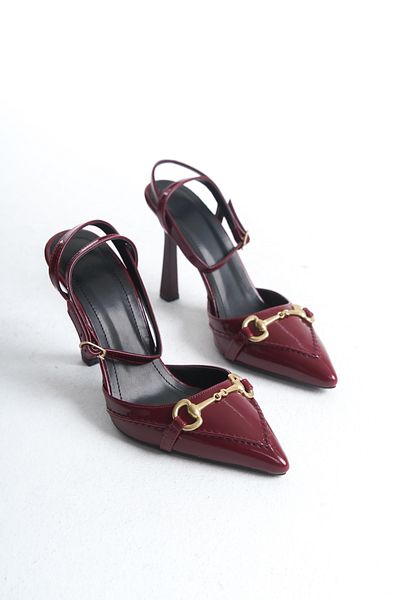 SEEM & BE Pantofi cu toc pentru femei Rosie, cu cataramă, din piele lacuită, cu bandă roșie, cu vârf ascuțit -10 cm