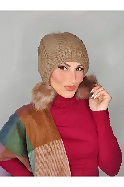 Senbeno Design BEJ RENK ANGORA ÇiFT PONPONLU YUMUŞAK KADIN BERE