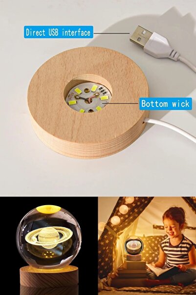 Hombak Yıldızlı Satürn 3D Işıklı Standlı Cam Küre Eviniz ve Ofisiniz İçin Sıcak Işıklı Dekoratif Aydınlatma