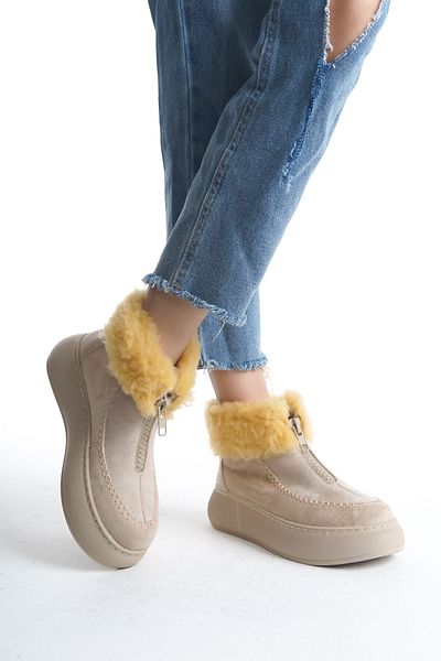 Moda Değirmeni Άνετες γυναικείες μπότες - Skin Suede, Γούνινη επένδυση, Μπροστινό φερμουάρ, Χοντρή σόλα με γούνα στο εσωτερικό BG1165-116-0004