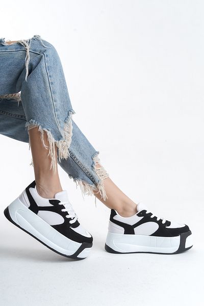 SEEM & BE Pantofi sport alb-negru cu talpă înaltă pentru femei Tiger - pantofi sport
