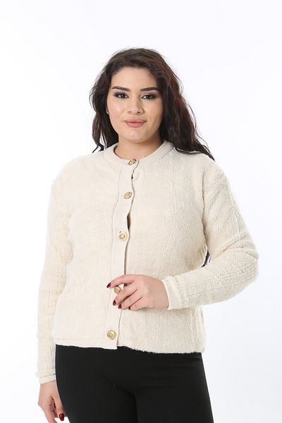 Şans Women's Large Size Mink Front Buttoned Thick Knitwear Cardigan 65N38574