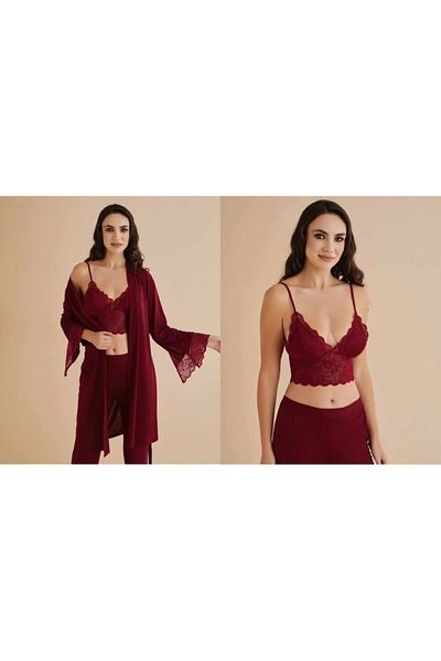 QKK Burgundy Combed Cotton Women's Bralets, Nightgown and Dressing Gowns Set of 4 - Q5.5.3.2Dkukchss