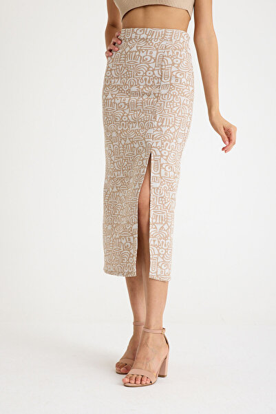 Thestiluxe Beige Organic Linen Special Design Trendy Slit Woven Skirt