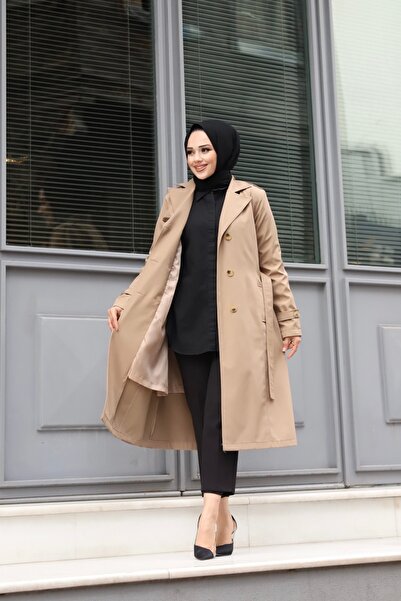 PİNK FLY Kruvaze Yaka Astarlı Kadın Tesettür Trençkot Vizon